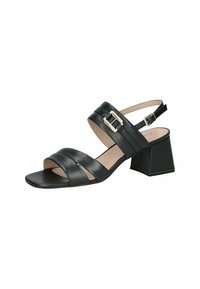 Must have must:black leather sandal, featuring two wide straps, an ankle strap with a rectangular buckle, and a square block heel.