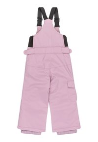 Roze geïsoleerde tuinbroeken met verstelbare zwarte banden en elastische manchetten, voorzien van zijzakken en een gladde textuur.