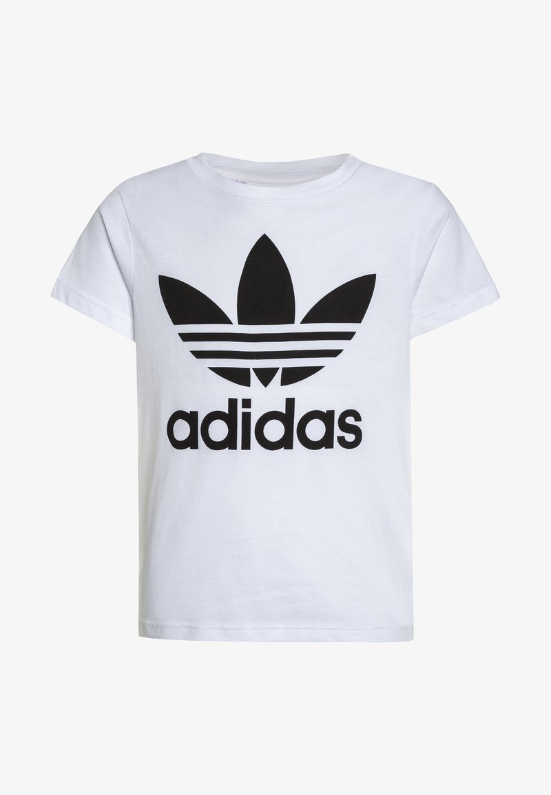 T-shirt bianco in cotone con grande logo trefoil nero di Adidas e nome del marchio in carattere bold. Classico collo rotondo e maniche corte.