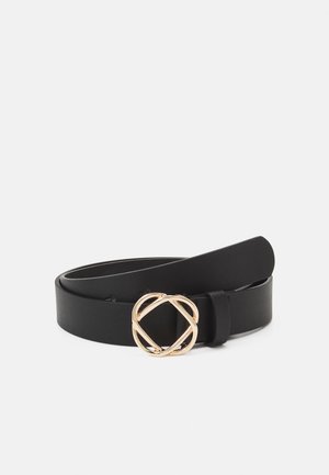 Black faux leather belt with a smooth texture, featuring a gold decorative interlocking buckle and a streamlined design.