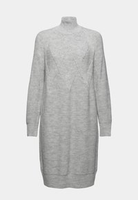 Robe-pull grise en tricot avec un col montant, présentant un motif texturé en forme de losange et des poignets et un ourlet côtelés. Manches longues, longueur mi-cuisse.