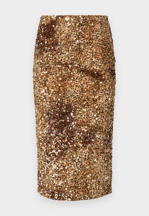 Fustă tip creion aurie, cu aplicații de paiete, având o siluetă ajustată, cu o textură netedă și un finisaj strălucitor pe toată suprafața.