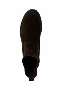 Bottine en cuir suédé marron avec une texture lisse, des panneaux latéraux élastiques et une semelle en caoutchouc noire. Comprend une languette pour un enfilage facile.