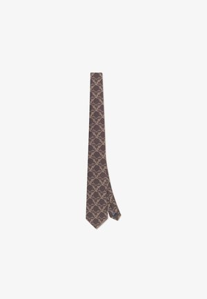Corbata marrón con un patrón floral en relieve en un tono más claro, fabricada en tejido suave con punta afilada y un ligero brillo.