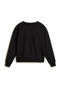 Sweatshirt noir à col rond avec des manches longues, poignets et ourlet côtelés, fabriqué en coton doux. Design simple et épuré sans embellissements.