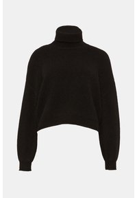 Czarny, krótki sweter z golfem o żebrowanej fakturze, z szerokimi rękawami i dopasowanym kołnierzem. Miękki dzianinowy materiał.