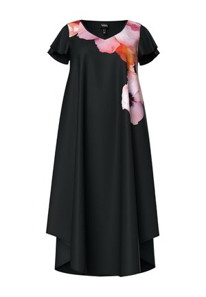 Sort A-line kjole med korte flutterærmer, V-udskæring og stort pink og orange blomstermønster på øverste venstre side.