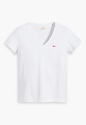 Witte katoenen T-shirt met V-hals, korte mouwen en een rood Levi's-logo geborduurd op de linkerborst. Soepele textuur, casual ontwerp.