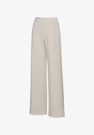 Beige weite Hosen aus weichem Stoff. Sie verfügen über einen hohen, elastischen Bund und eine glatte Textur ohne sichtbare Muster oder Beschläge.