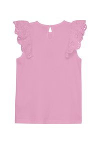 Helles rosa ärmelloses Top mit gewellten, spitzenartigen Schulterrüschen und einer kleinen Schlüsselöffnungsöffnung am Rücken. Glatte Stofftextur.