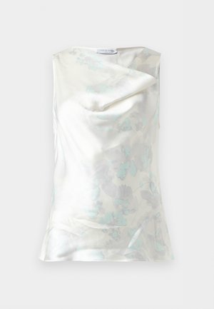Hvit ermeløs satengbluse med subtilt blågrått blomsterprint og drapert halsringning, merket "Tiger of Sweden."