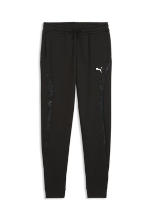 Pantalon de jogging noir Puma avec taille élastique, cordon, poches latérales, panneaux latéraux texturés et logo Puma blanc sur la cuisse droite.