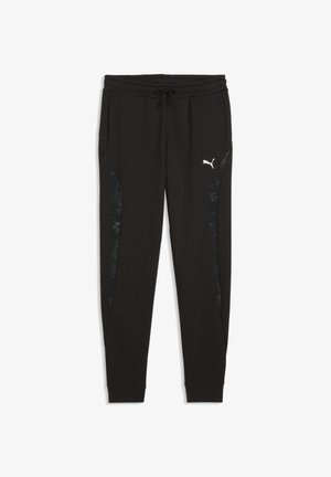 Sorte Puma joggebukser med elastisk talje, snøre, sidelommer, teksturerede sidelommer og hvidt Puma-logo på højre lår.