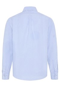 Blue and white striped long-sleeve shirt with a button-down collar, featuring cuff buttons and a straight hem.