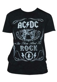 Black cotton t-shirt featuring white, vintage-style text and graphics of a cannon, lightning bolts, and a rocker silhouette.