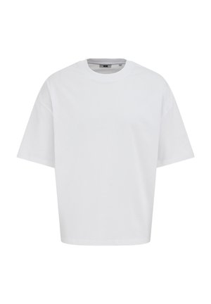 T-shirt blanc uni à manches courtes avec un col rond et une coupe ample, présenté sur un fond blanc.