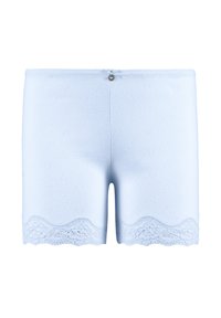 Light blue knitted shorts with a textured heart pattern, featuring a lace trim at the hem and a small button at the waist.