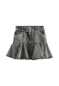 Gonna di denim nera con design svasato, dotata di due tasche frontali, un semplice elastico in vita e dettagli di cucitura visibili lungo l'orlo.