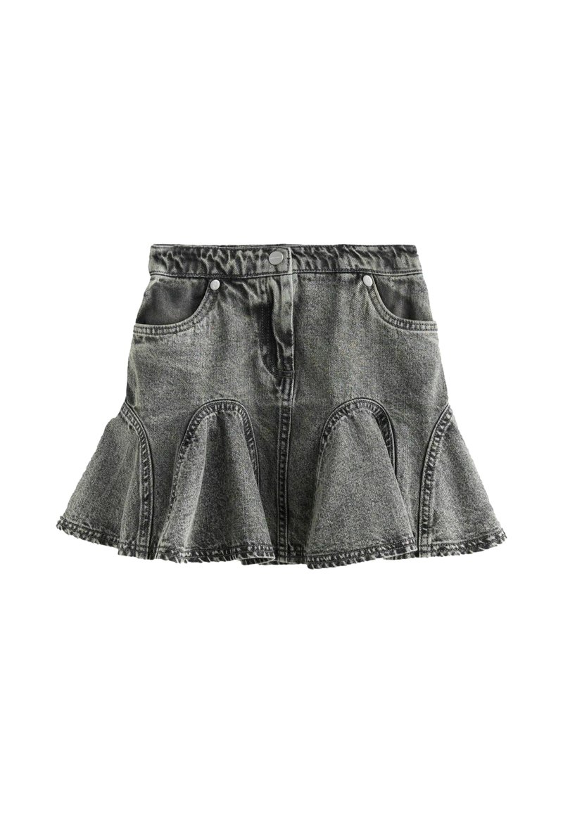 Gonna di denim nera con design svasato, dotata di due tasche frontali, un semplice elastico in vita e dettagli di cucitura visibili lungo l'orlo.