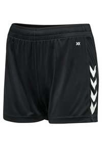 Black athletic shorts made of smooth, lightweight fabric. Features a white chevron pattern on the left side and an elastic waistband.