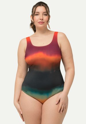 Eénstukswimwear met een gradient-design, in oranje, rood en zwarte tinten. Soepele stof met een ronde halslijn en brede banden.