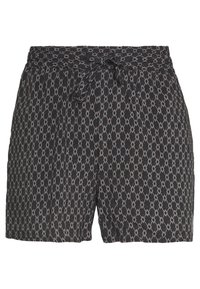 Černé šortky s vzorem a zavazovacím pasem, s diamantovým motivem v světlejších odstínech, vyrobené z lehkého materiálu.