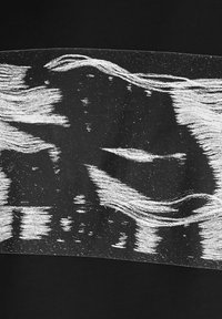 Zwarte stof met een contrasterend wit abstract patroon. De gladde textuur en variërende lijndiktes creëren een dynamisch visueel effect.