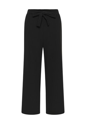 Mustad laia säärega püksid, millel on kõrge vöökoht ja eespool ise seotav vöö, esitletud tavalise valge tausta peal.