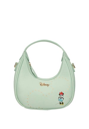 Bolso verde claro con un logo dorado de Disney y Minnie Mouse con un lazo rojo y un vestido azul con lunares en la parte inferior derecha.