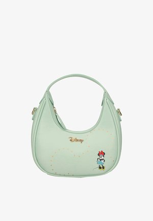 Bolso verde claro con un logo dorado de Disney y Minnie Mouse con un lazo rojo y un vestido azul con lunares en la parte inferior derecha.