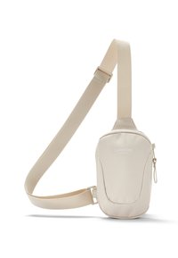 Borsa a tracolla beige con finitura in tessuto liscio, tracolla regolabile, chiusura con zip e logo impresso. Design compatto e moderno.