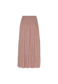 Maxi nederdel i blød pink, med elastisk talje, flydende lagdelt design, letvægtsstof og subtil struktur. Velegnet til forskellige anledninger.