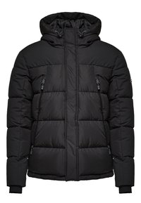 Černá prošívaná bunda s vysokým límcem, nastavitelnou kapucí, dvěma bočními kapsami na zip, elastickými manžetami a rovnýlem lemem.