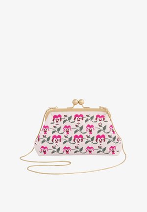 Kvačasta torbica s cvjetnim uzorkom izrađena od tkanine s ružičastim i zelenim vezom. Sadrži zlatni okvir i lančić za udobnost.