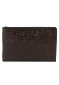 Brown leather wallet with a textured surface, rectangular shape, and stitched detailing. Features the "FOSSIL" logo embossed on one side.