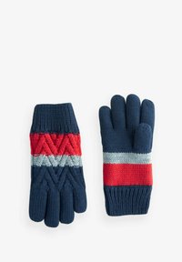 Navy knitted gloves with a ribbed cuff, featuring a red, gray, and red stripe pattern and a textured diamond design on one glove.