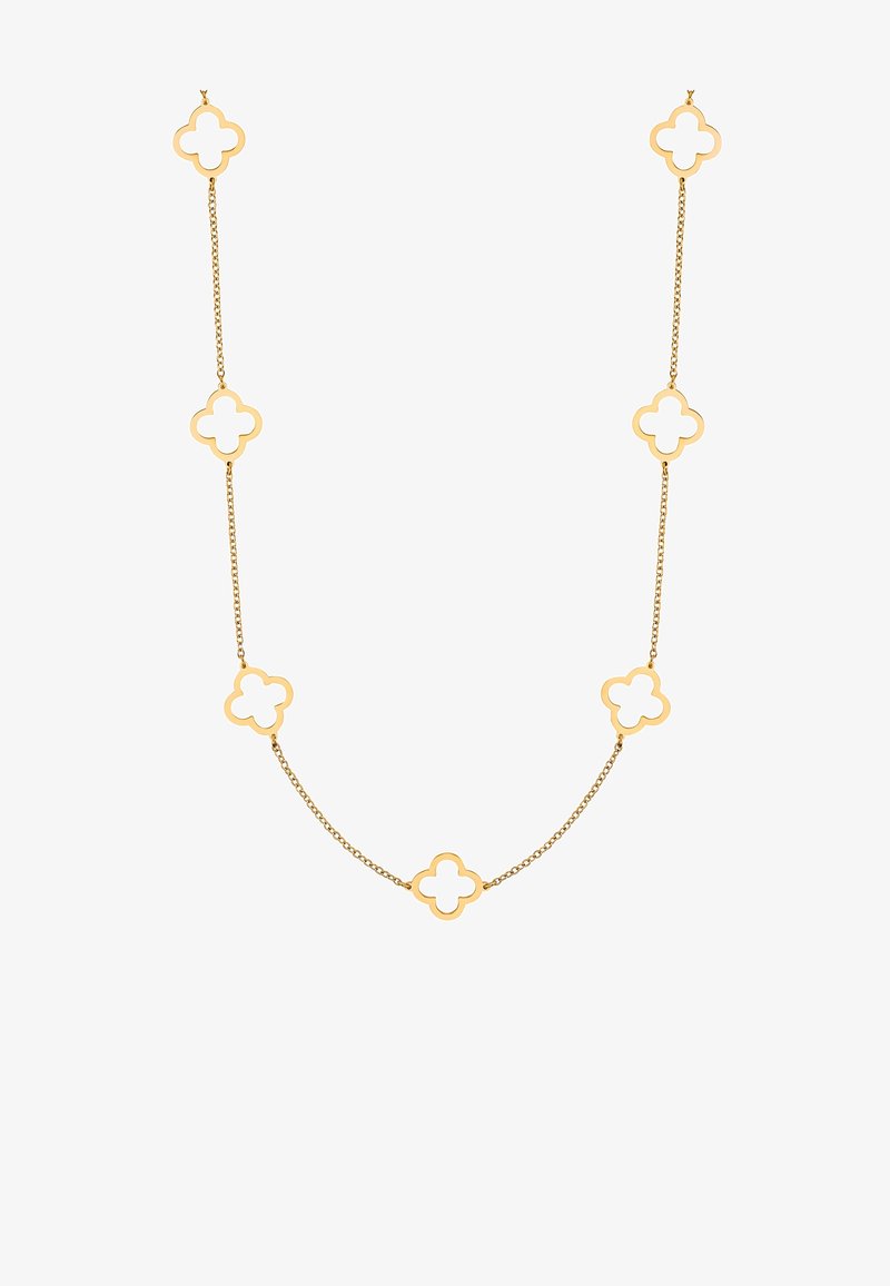 Collier délicat en chaîne dorée avec des breloques ouvertes en forme de quadrilobe régulièrement espacées sur toute sa longueur.