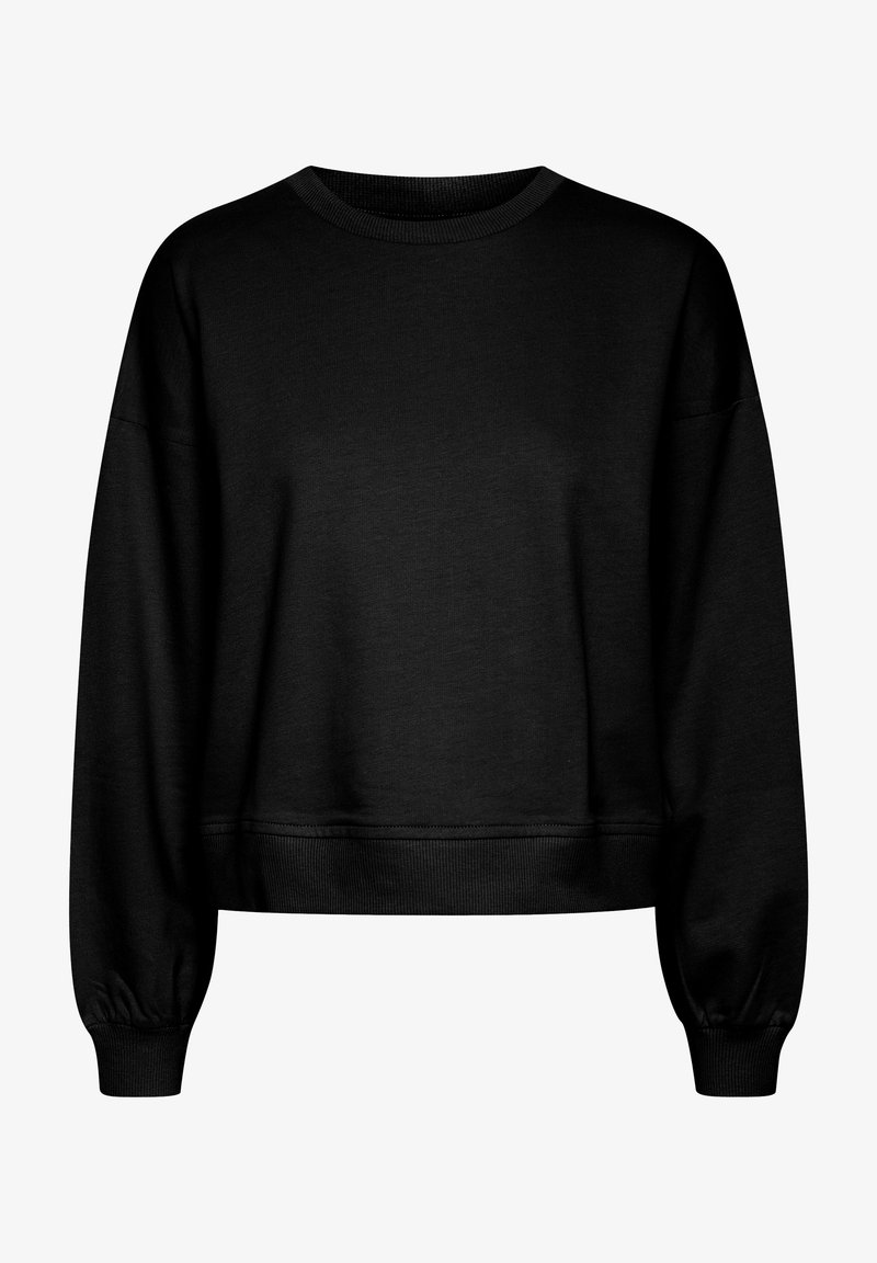 Sweat-shirt court noir à manches longues, col rond, avec poignets et ourlet côtelés, en tissu doux.