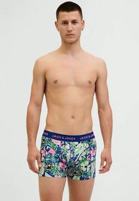 Boxeri colorați pentru bărbați, cu un model floral tropical în nuanțe de roz și verde, talie elastică cu branding "JACK & JONES".