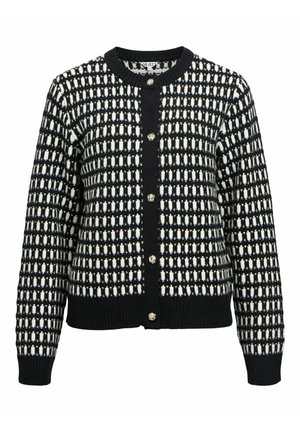 Šūts džemperis melnā un baltā krāsā ar teksturētu rūtiņu rakstu, ribota apkakle un aproces, kā arī zelta tonētu pogu aizdare.