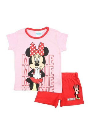 T-shirt in cotone rosa con rifiniture rosse che presenta una grafica di Minnie Mouse. Pantaloni corti rossi con accento di Minnie Mouse. Tessuto morbido, design informale.