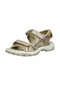 Metallisch bronze Farbene Sandalen mit Klettverschlüssen, offener Zehenpartie, gepolstertem Fußbett und Gummisohle mit strukturierten Grip-Mustern.
