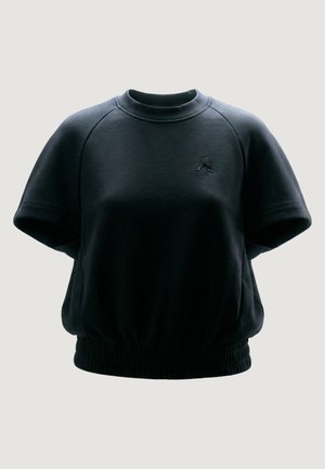 Sweat-shirt noir à manches courtes avec col rond, taille élastique et petit logo brodé sur la poitrine gauche.