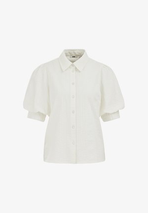 Valge lühikeste varrukatega pluus punnitatud varrukatega, nööbitava esiosa, krae ja varrukate ääres elastsete mansettidega.