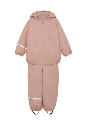 Waterproof two-piece outfit in soft pink. Features a hooded jacket with elastic cuffs and matching pants with reflective stripes and adjustable hems.
