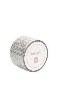 Rulla med tejp, 5 cm x 5 m, har en vit bakgrund med rosa text "BYE BRA" samt information om hållbarhet och vattentåliga egenskaper.