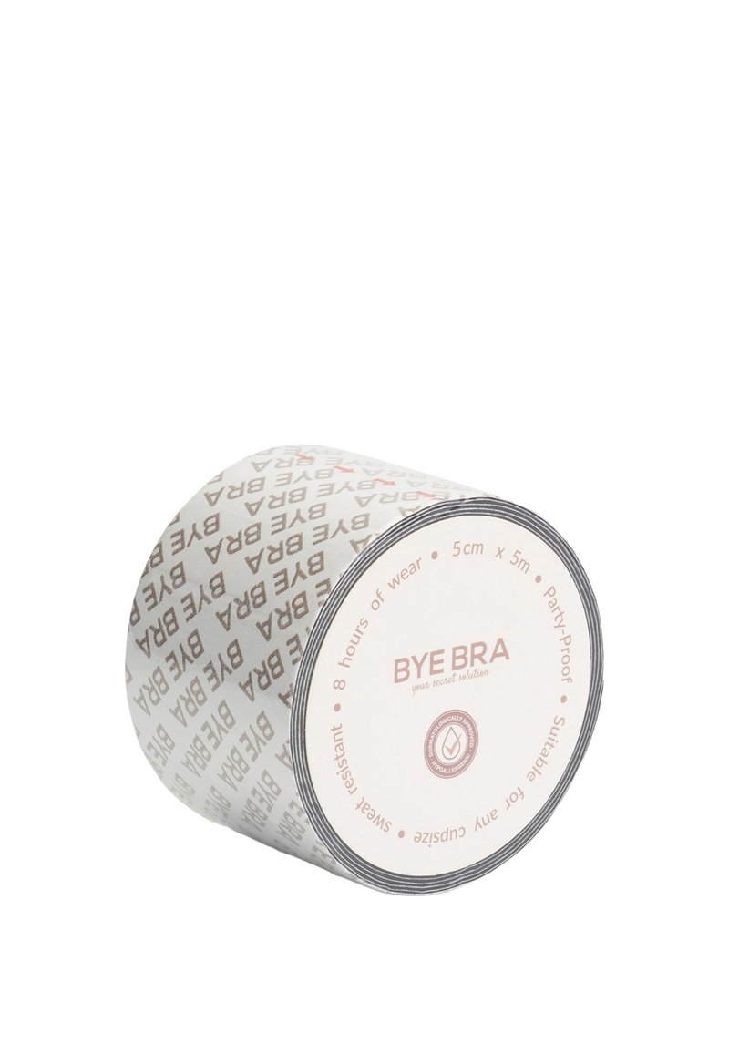 Rulla med tejp, 5 cm x 5 m, har en vit bakgrund med rosa text "BYE BRA" samt information om hållbarhet och vattentåliga egenskaper.