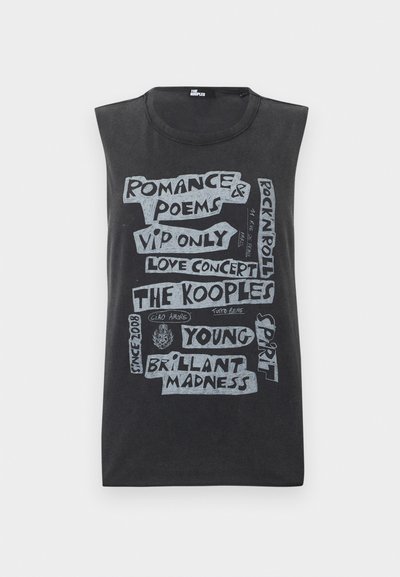 Black sleeveless T-shirt with graphic text including "Romance & Poems," "VIP Only," "The Kooples," "Rock n Roll," and "Young Brilliant Madness."