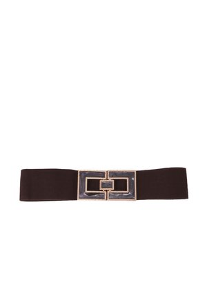 Cintura elastica nera con una fibbia metallica geometrica dal finish scuro e lucido, con decorazioni a corda lungo i bordi.