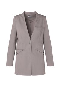 Gray blazer with a notched collar, single button closure, two front pockets, and a clean design. Made from textured fabric.